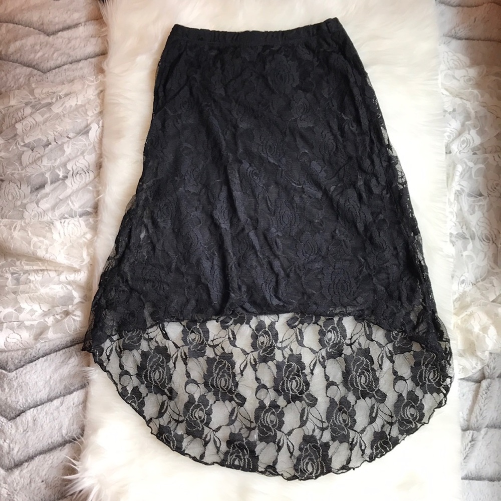 Girls high low black lace skirt